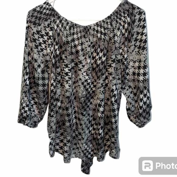 NINETY CLOTHING CO women's blouse knot black gray pattern size Medium w-011 - Picture 4 of 8